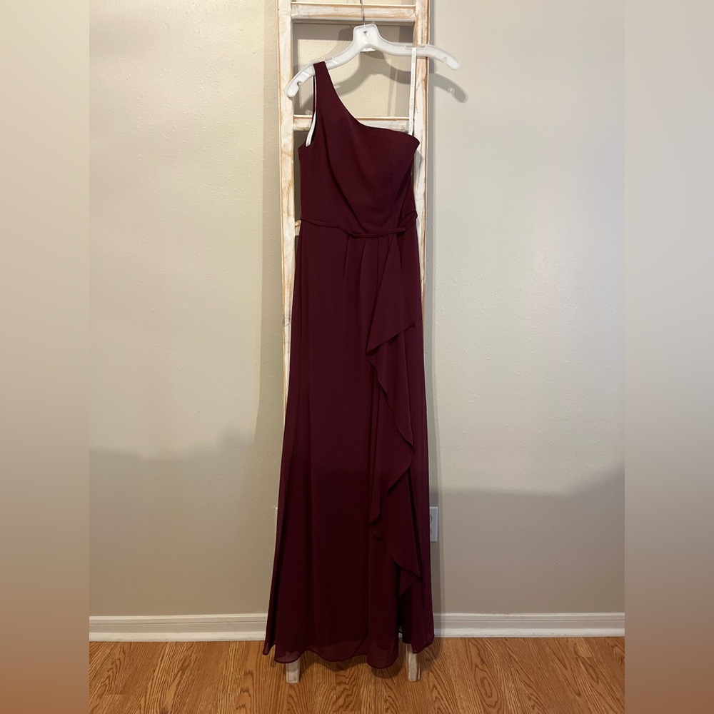 David’s Bridal one shoulder chiffon dress with cascade in wine. NWT.